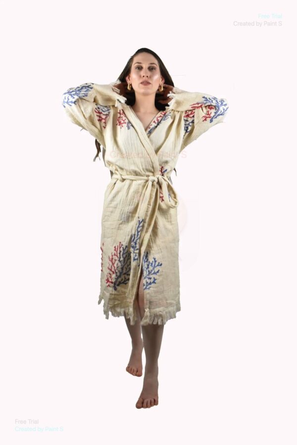 Mercan Müslin Peştemal Pamuk Bornoz Püsküllü Sabahlık Cotton Muslin Hammam Dressing Gown
