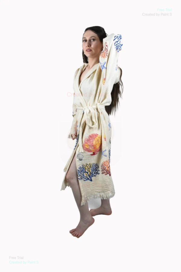 Deniz Müslin Peştemal Pamuk Bornoz Püsküllü Sabahlık Cotton Muslin Hammam Dressing Gown